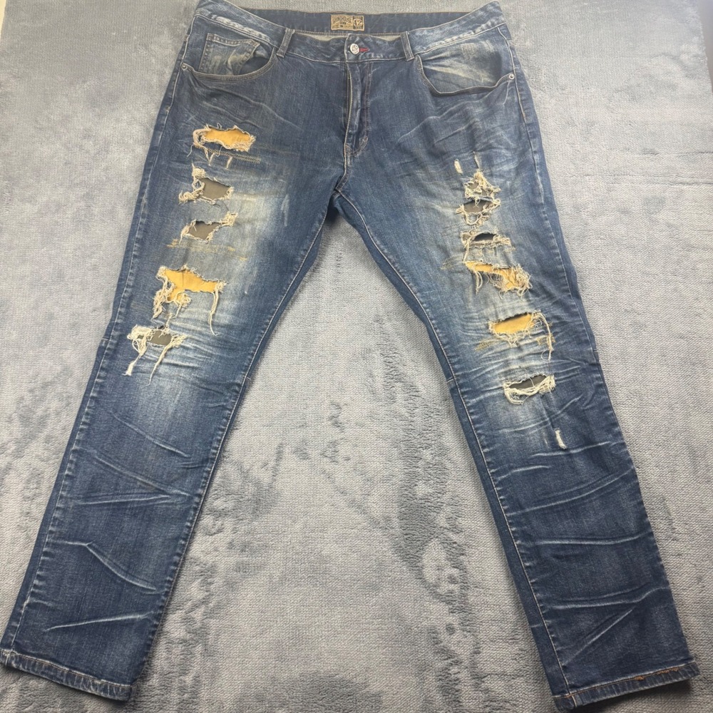 Grindhouse Denim Mens Distressed Patched Blue Jeans Size 42 Straight Leg 194359